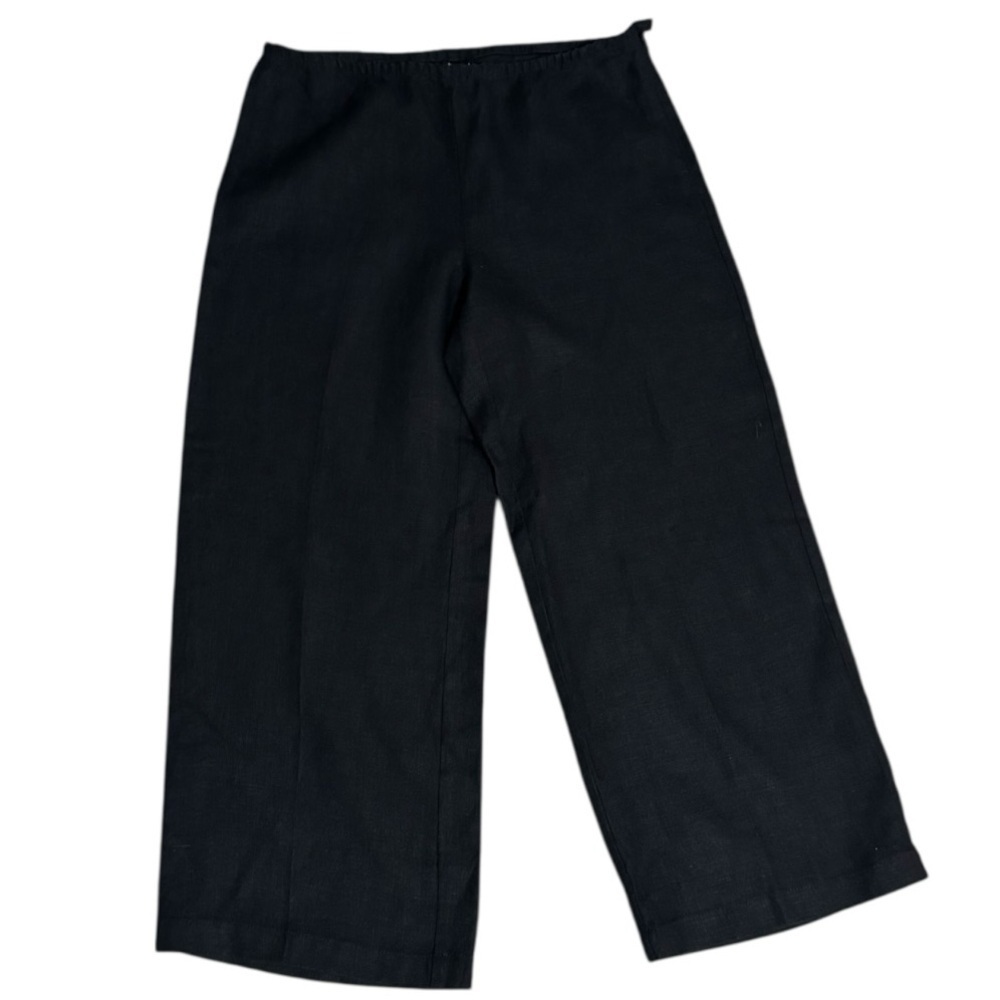 EILEEN FISHER Classic Black Wide-Leg Cropped Pants Sz S 100% Linen Zip Up Casual